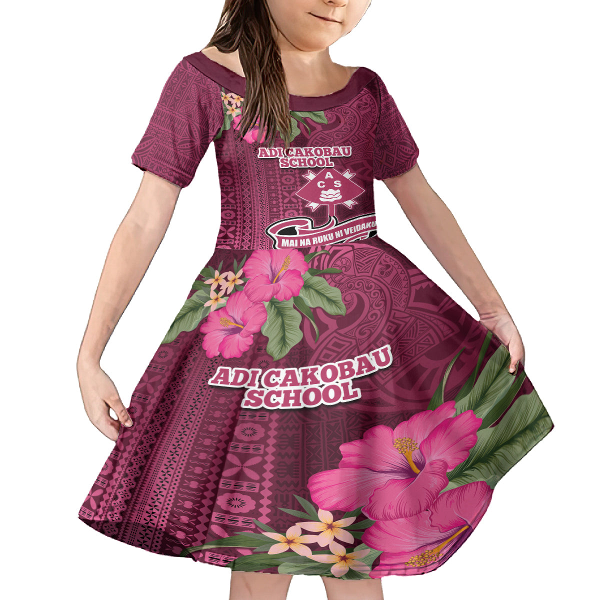 Fiji Adi Cakobau School Kid Short Sleeve Dress Tropical Flower and Tapa Pattern LT03 KID Pink - Polynesian Pride