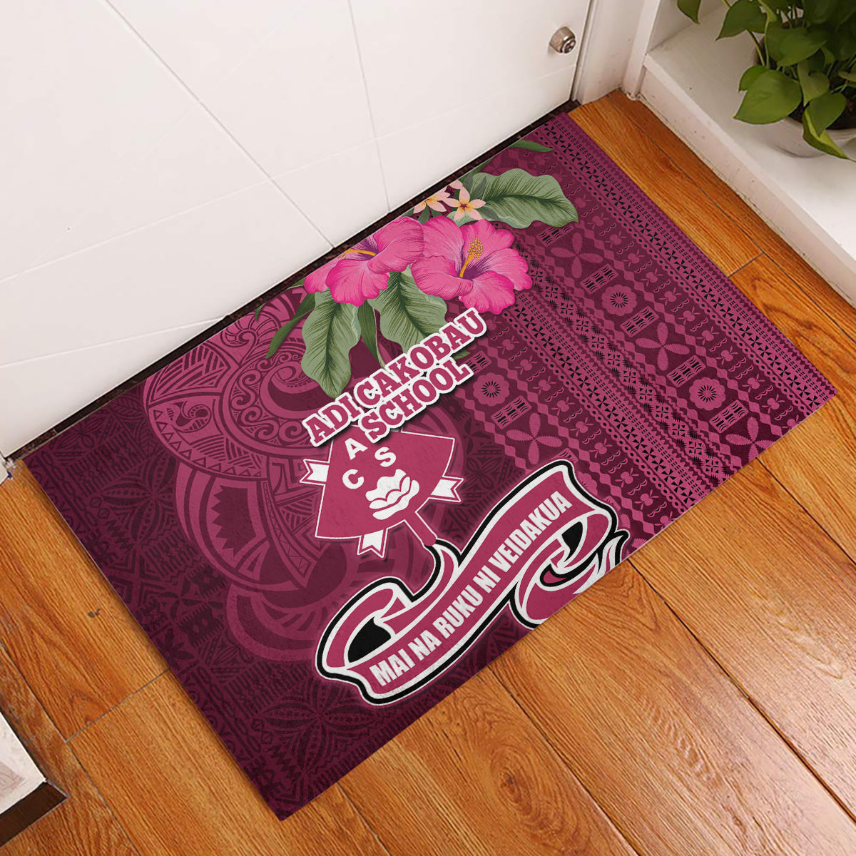 Fiji Adi Cakobau School Rubber Doormat Tropical Flower and Tapa Pattern LT03 Pink - Polynesian Pride
