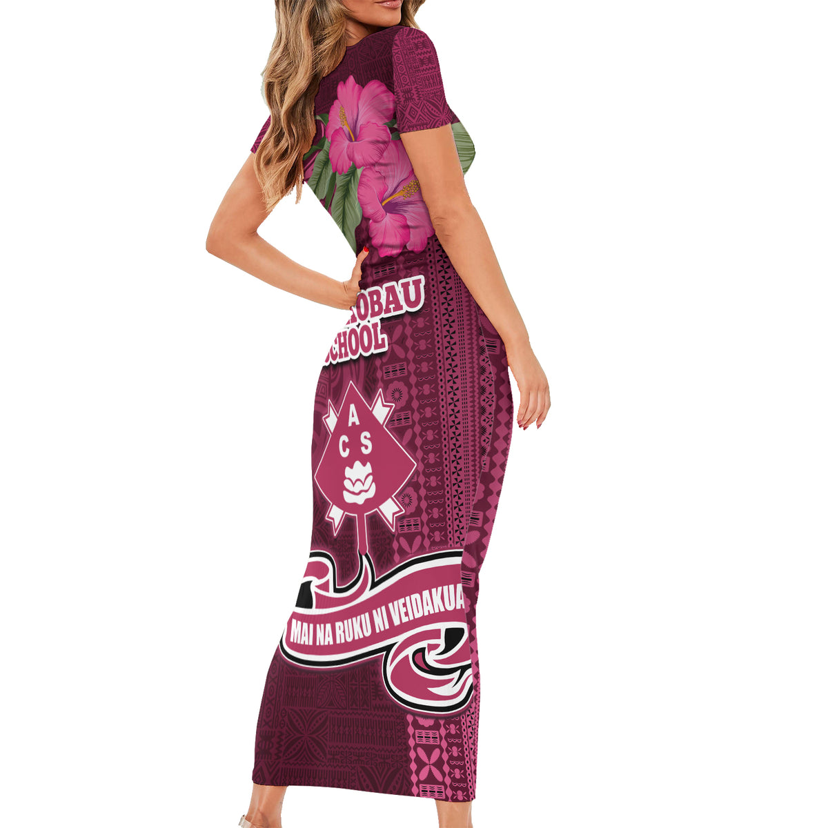 Fiji Adi Cakobau School Short Sleeve Bodycon Dress Tropical Flower and Tapa Pattern LT03 - Polynesian Pride