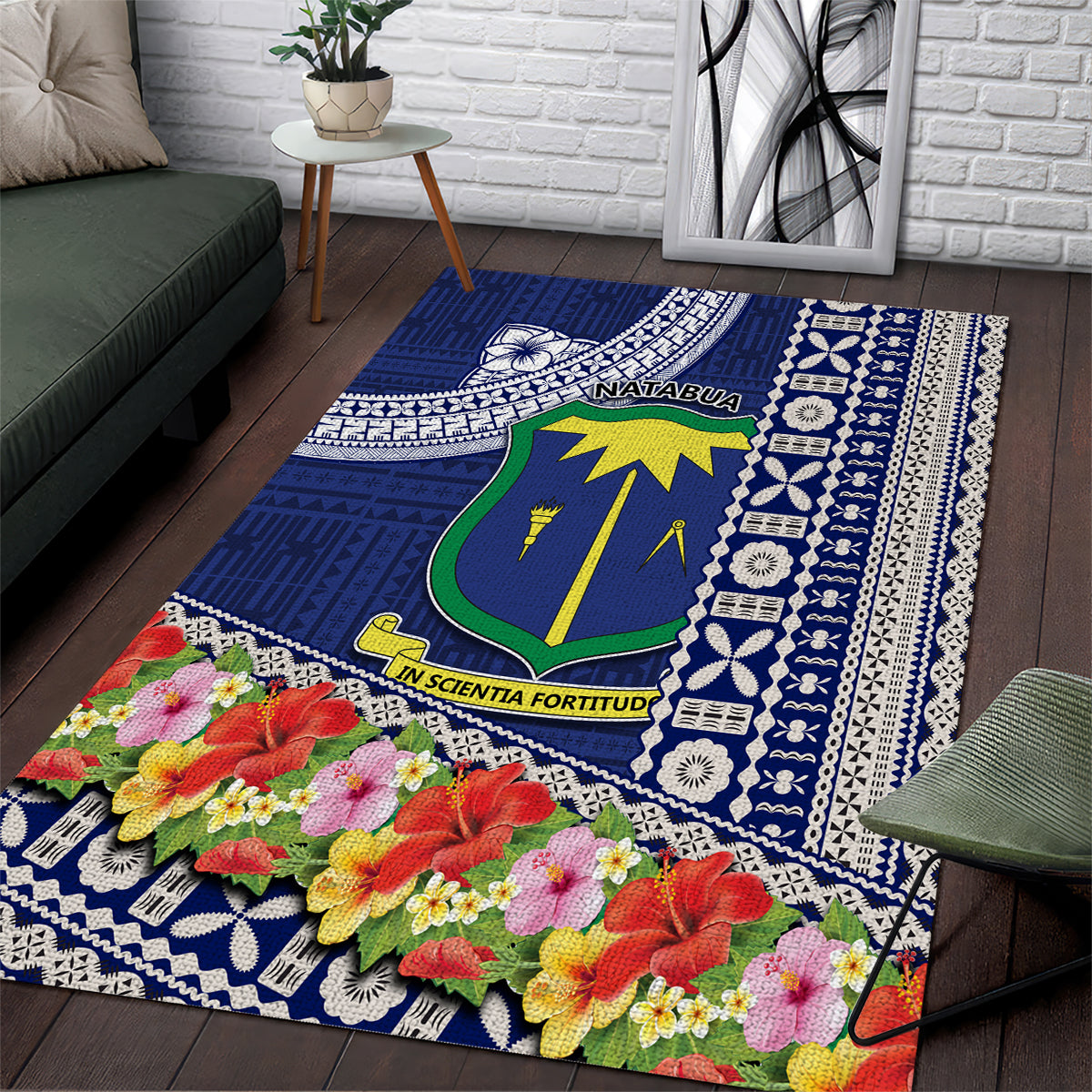 Fiji Natabua High School Area Rug Tropical Flower and Tapa Pattern Blue Style LT03 Blue - Polynesian Pride