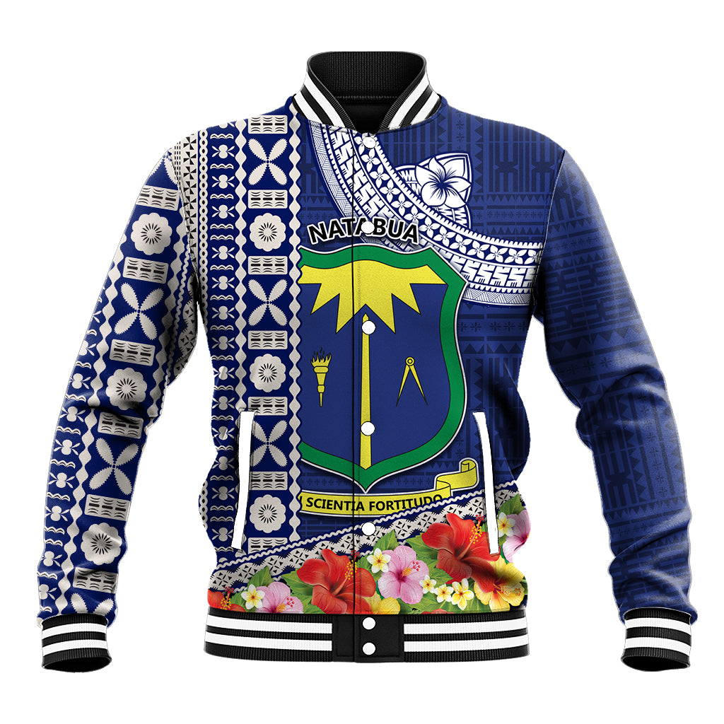 Fiji Natabua High School Baseball Jacket Tropical Flower and Tapa Pattern Blue Style LT03 Unisex Blue - Polynesian Pride