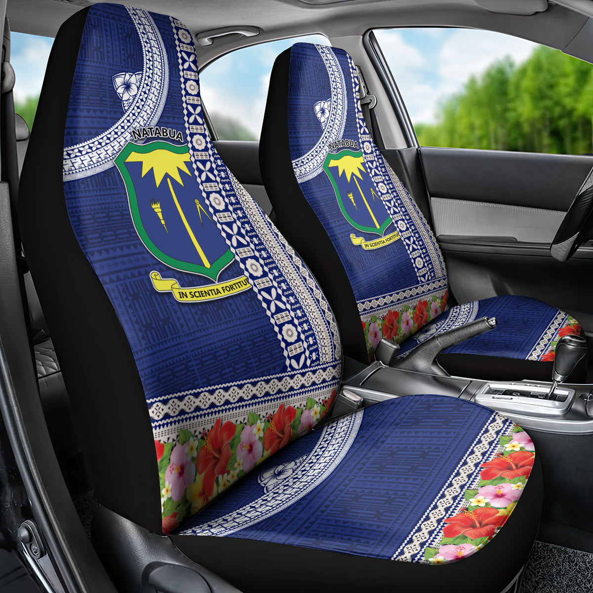 Fiji Natabua High School Car Seat Cover Tropical Flower and Tapa Pattern Blue Style LT03 - Polynesian Pride
