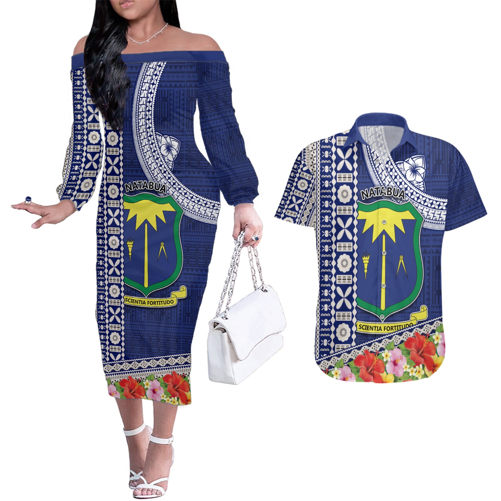 Fiji Natabua High School Couples Matching Off The Shoulder Long Sleeve Dress and Hawaiian Shirt Tropical Flower and Tapa Pattern Blue Style LT03 Blue - Polynesian Pride
