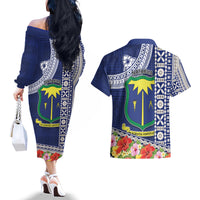 Fiji Natabua High School Couples Matching Off The Shoulder Long Sleeve Dress and Hawaiian Shirt Tropical Flower and Tapa Pattern Blue Style LT03 - Polynesian Pride