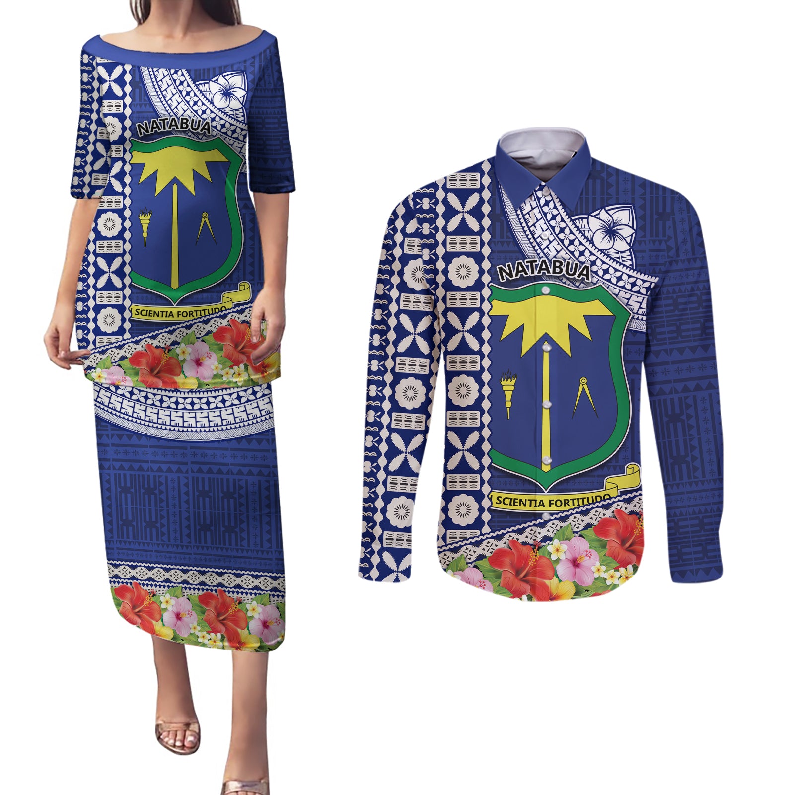 Fiji Natabua High School Couples Matching Puletasi Dress and Long Sleeve Button Shirt Tropical Flower and Tapa Pattern Blue Style LT03 Blue - Polynesian Pride