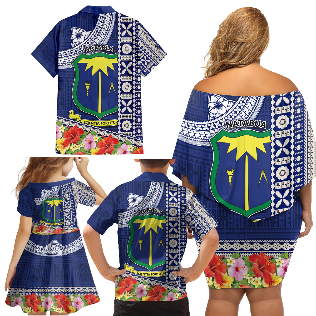 Fiji Natabua High School Family Matching Off Shoulder Short Dress and Hawaiian Shirt Tropical Flower and Tapa Pattern Blue Style LT03 - Polynesian Pride