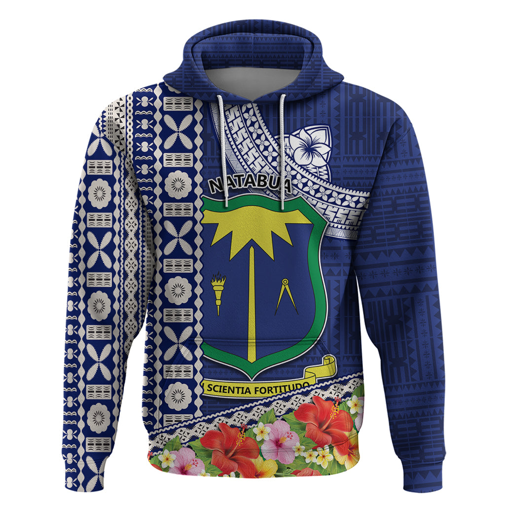 Fiji Natabua High School Hoodie Tropical Flower and Tapa Pattern Blue Style LT03 Pullover Hoodie Blue - Polynesian Pride