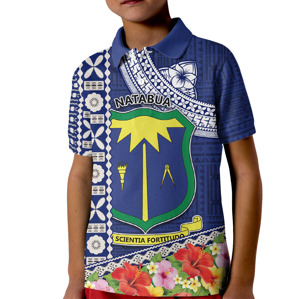 Fiji Natabua High School Kid Polo Shirt Tropical Flower and Tapa Pattern Blue Style LT03 Kid Blue - Polynesian Pride