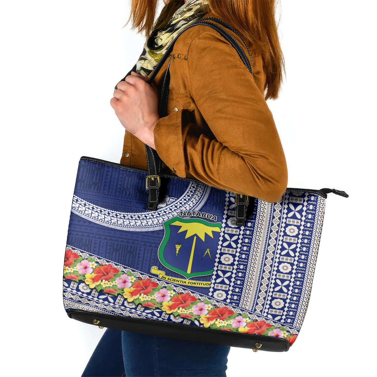 Fiji Natabua High School Leather Tote Bag Tropical Flower and Tapa Pattern Blue Style LT03 Blue - Polynesian Pride