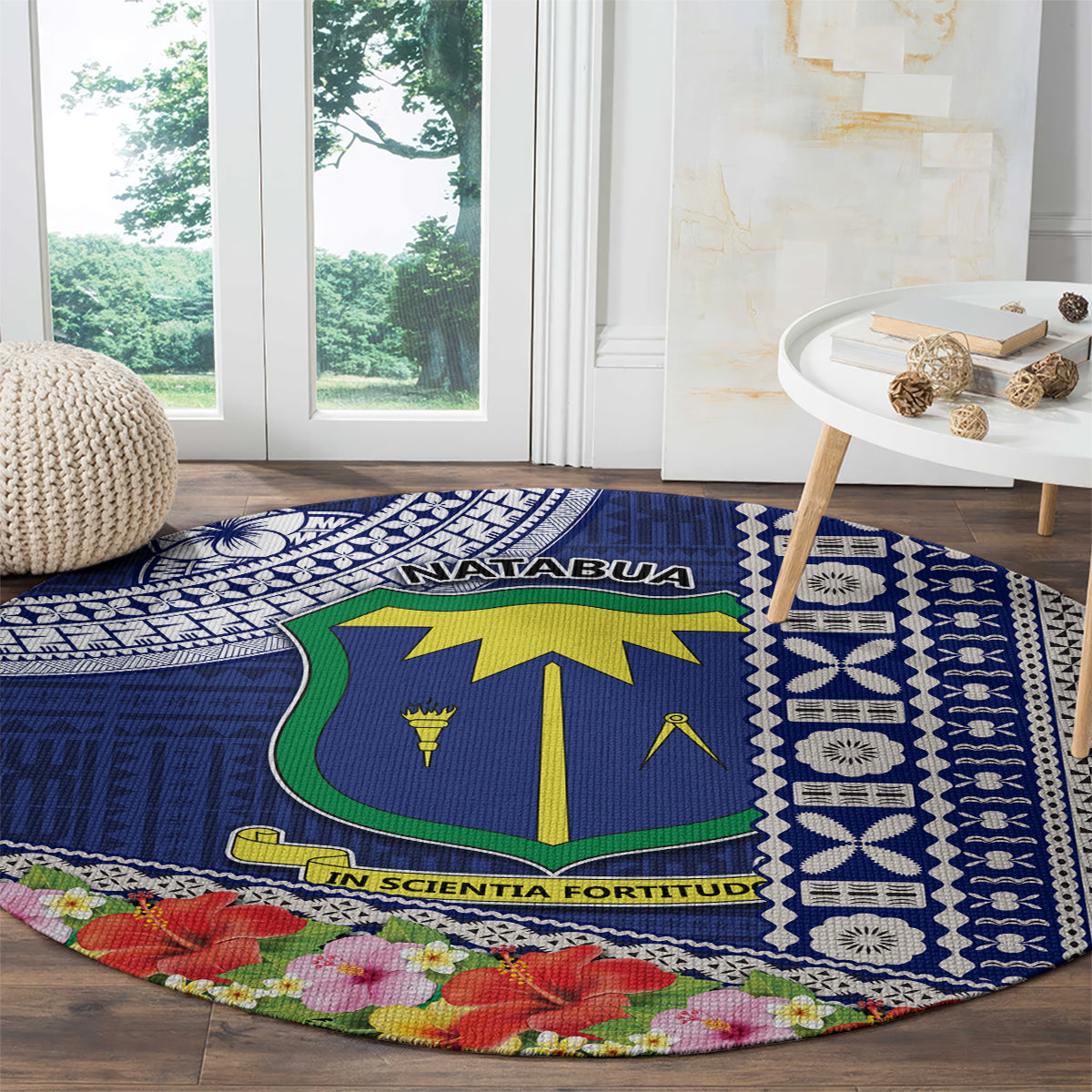 Fiji Natabua High School Round Carpet Tropical Flower and Tapa Pattern Blue Style LT03 - Polynesian Pride