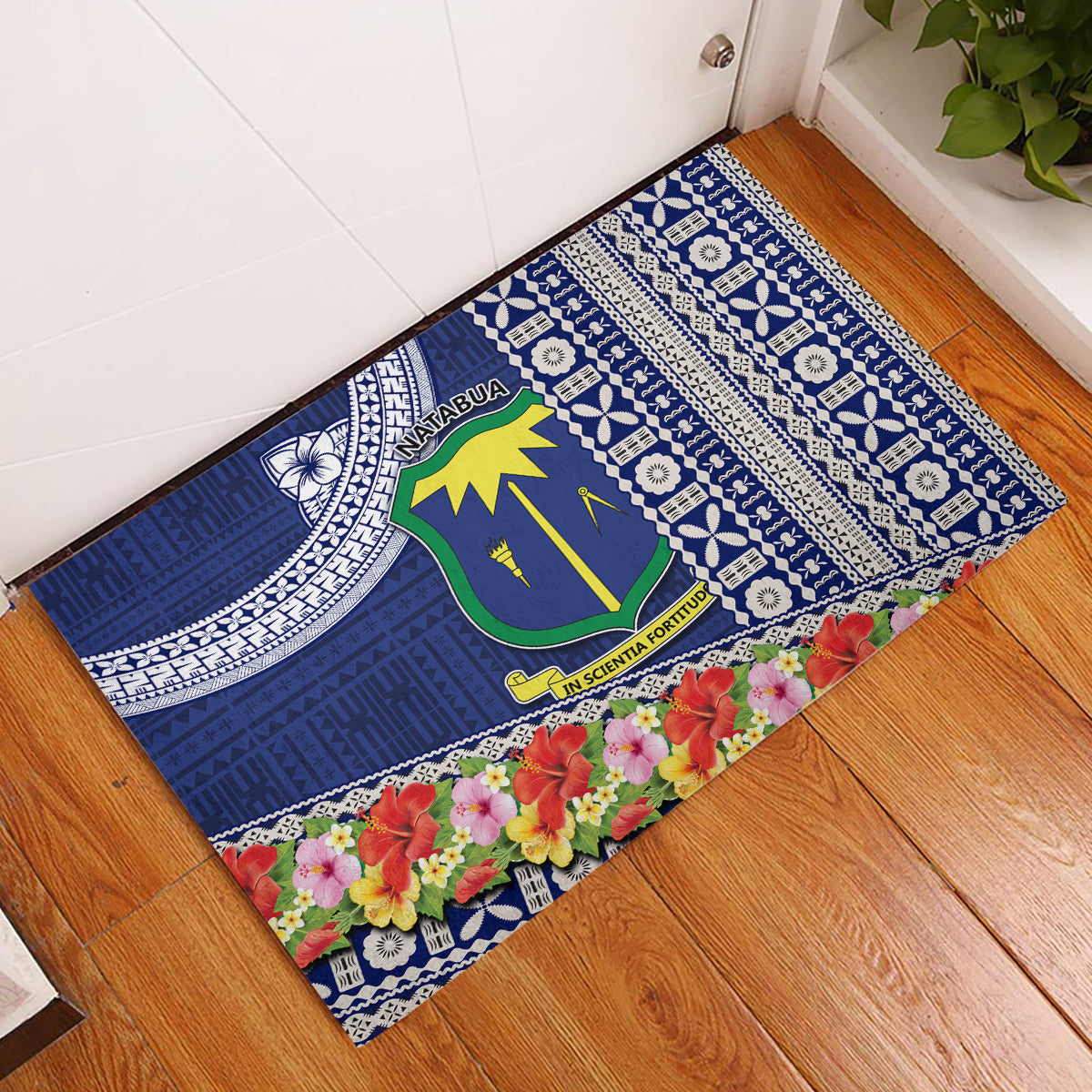 Fiji Natabua High School Rubber Doormat Tropical Flower and Tapa Pattern Blue Style LT03 Blue - Polynesian Pride