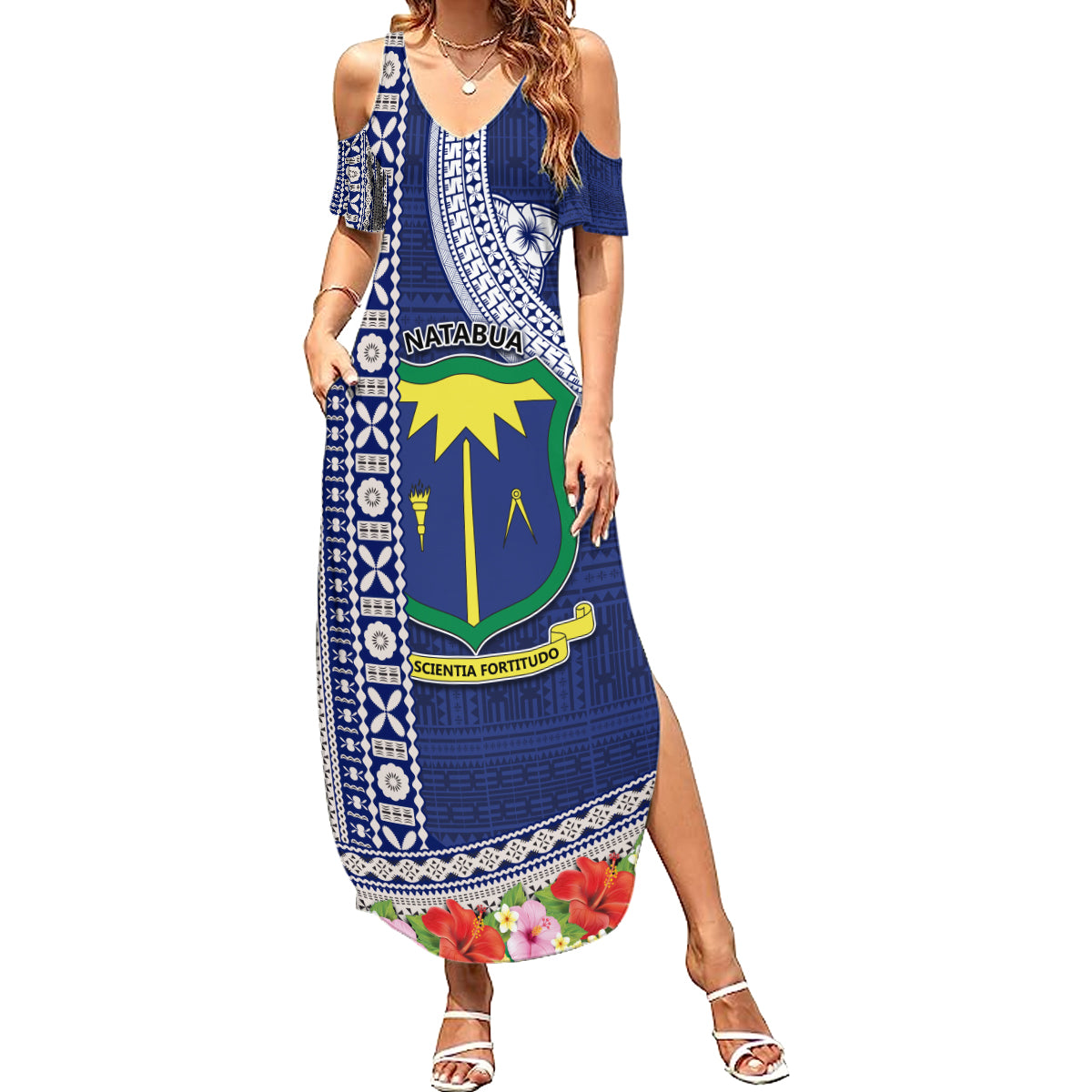 Fiji Natabua High School Summer Maxi Dress Tropical Flower and Tapa Pattern Blue Style LT03 Women Blue - Polynesian Pride