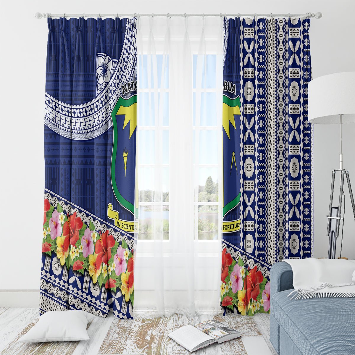 Fiji Natabua High School Window Curtain Tropical Flower and Tapa Pattern Blue Style LT03 - Polynesian Pride