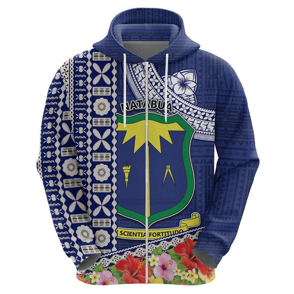Fiji Natabua High School Zip Hoodie Tropical Flower and Tapa Pattern Blue Style LT03 - Polynesian Pride