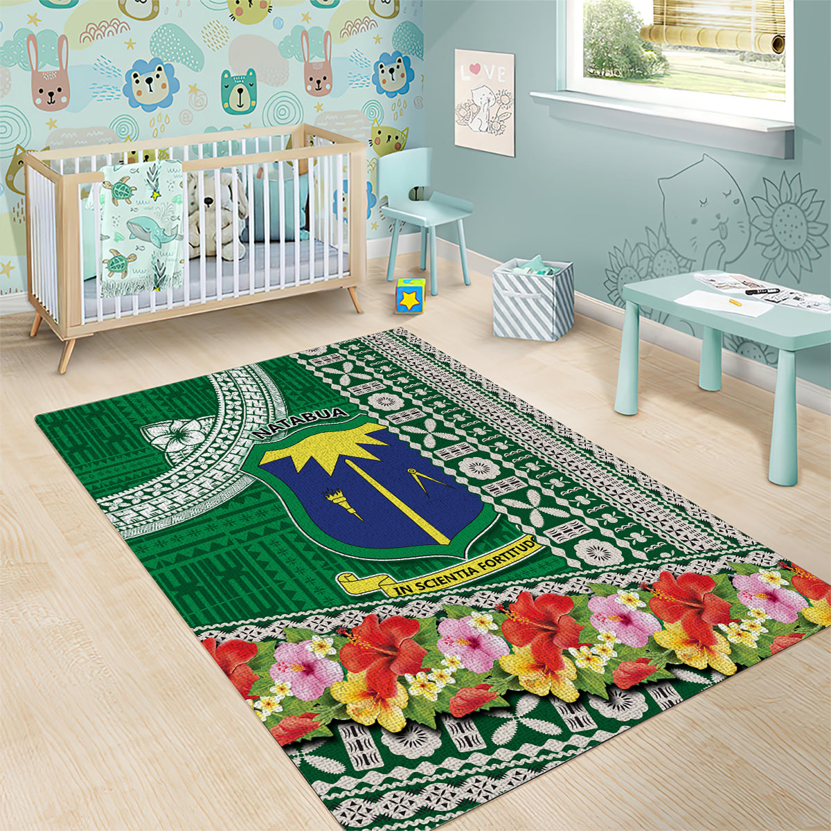 Fiji Natabua High School Area Rug Tropical Flower and Tapa Pattern Green Style LT03 - Polynesian Pride