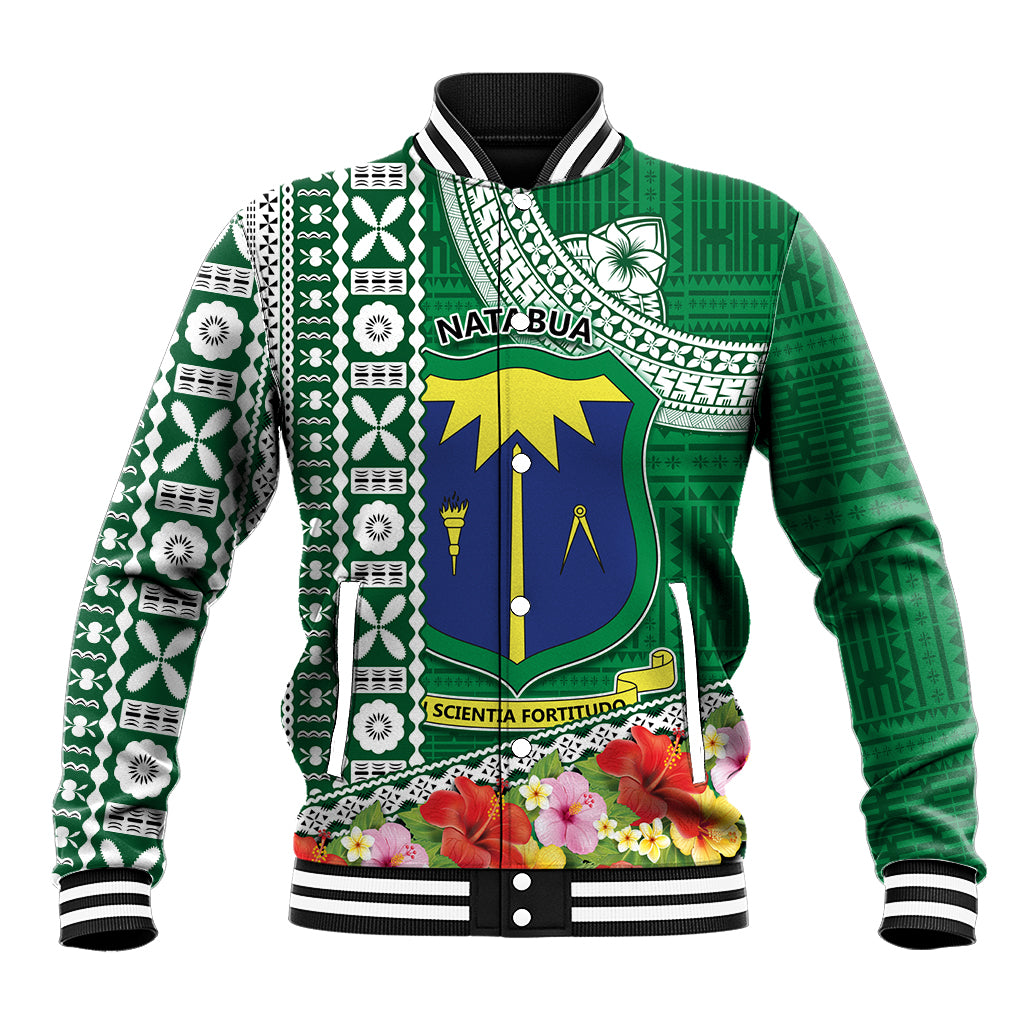 Fiji Natabua High School Baseball Jacket Tropical Flower and Tapa Pattern Green Style LT03 Unisex Green - Polynesian Pride
