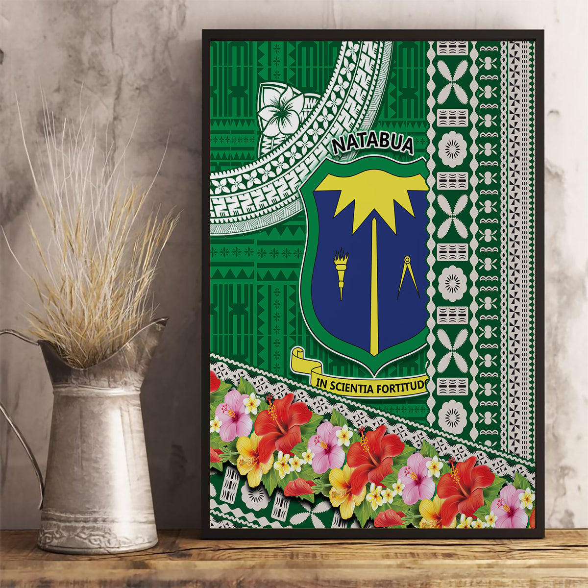 Fiji Natabua High School Canvas Wall Art Tropical Flower and Tapa Pattern Green Style LT03 - Polynesian Pride