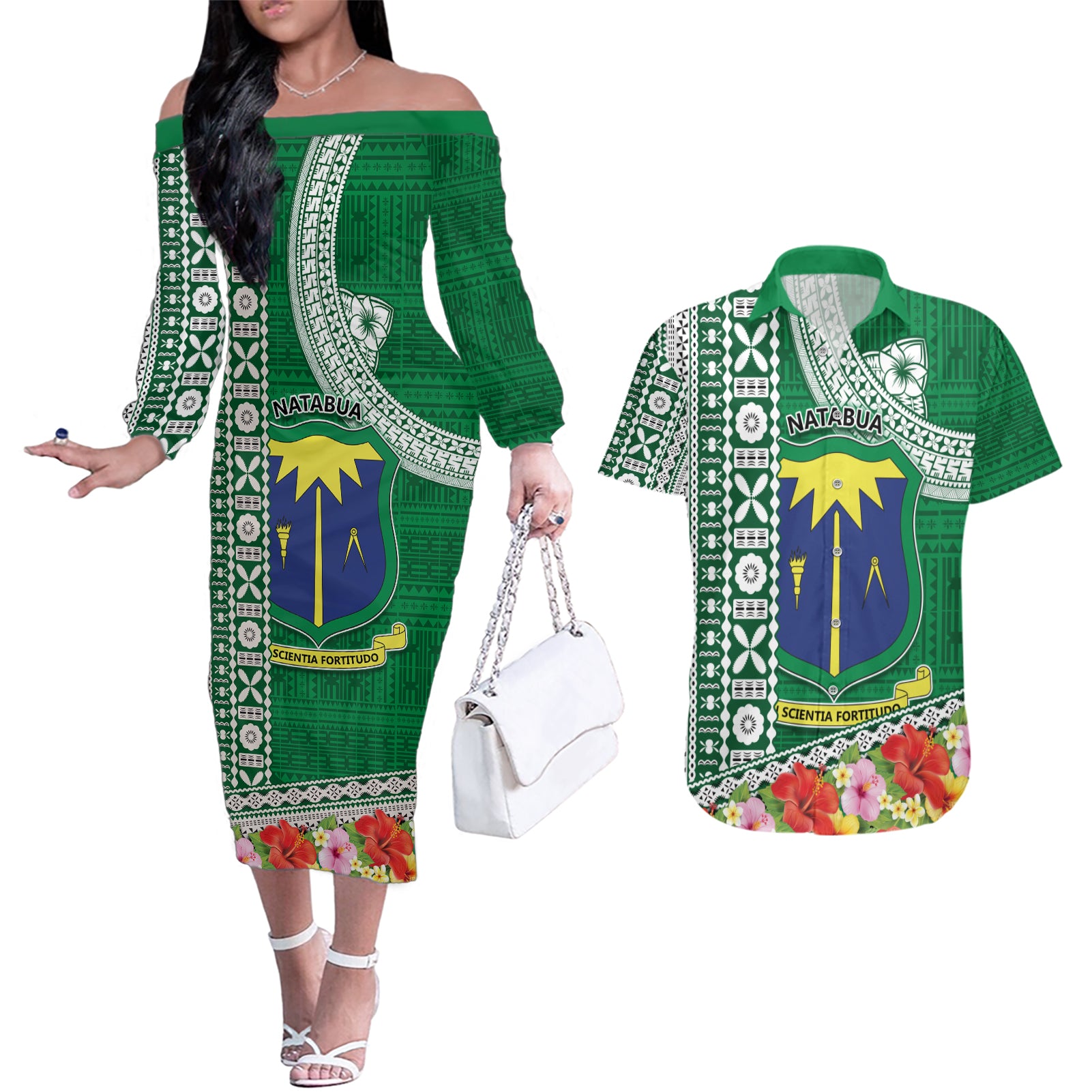 Fiji Natabua High School Couples Matching Off The Shoulder Long Sleeve Dress and Hawaiian Shirt Tropical Flower and Tapa Pattern Green Style LT03 Green - Polynesian Pride