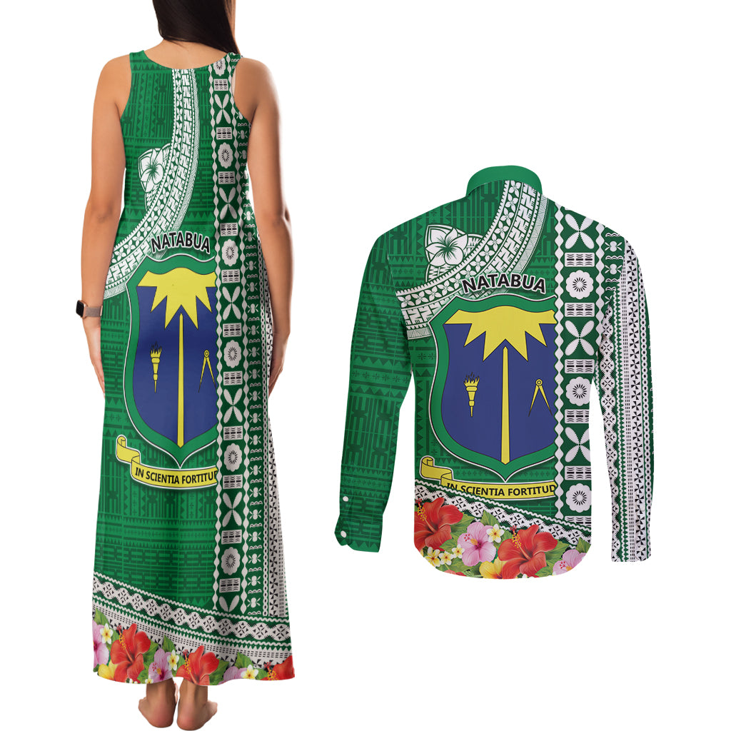 Fiji Natabua High School Couples Matching Tank Maxi Dress and Long Sleeve Button Shirt Tropical Flower and Tapa Pattern Green Style LT03 - Polynesian Pride