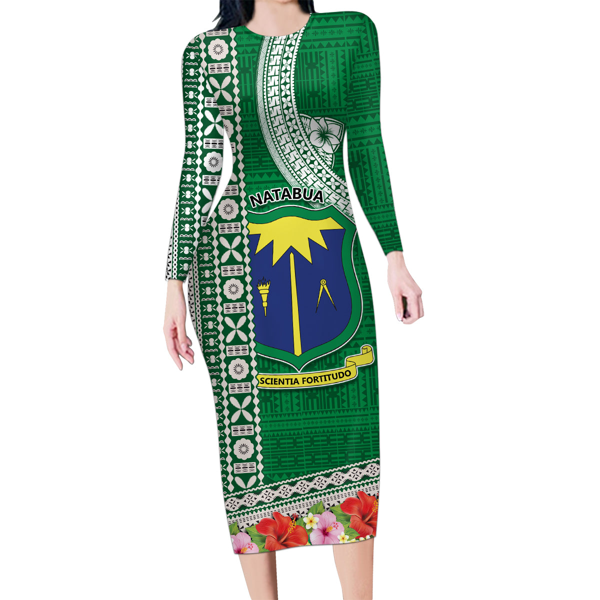 Fiji Natabua High School Family Matching Long Sleeve Bodycon Dress and Hawaiian Shirt Tropical Flower and Tapa Pattern Green Style LT03 Mom's Dress Green - Polynesian Pride