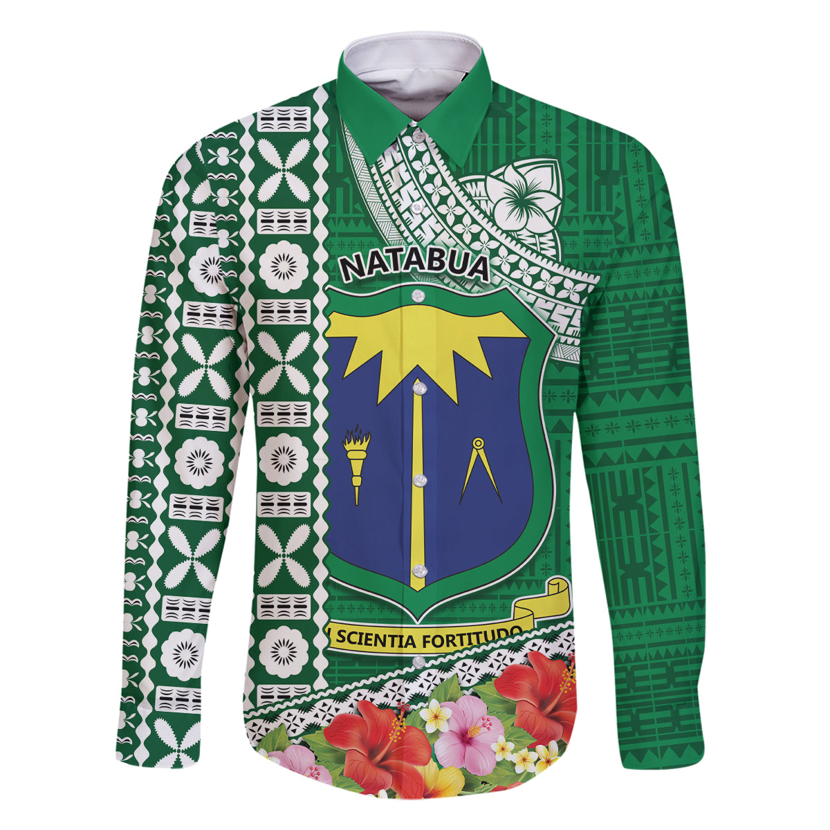 Fiji Natabua High School Family Matching Off Shoulder Long Sleeve Dress and Hawaiian Shirt Tropical Flower and Tapa Pattern Green Style LT03 Dad's Shirt - Long Sleeve Green - Polynesian Pride