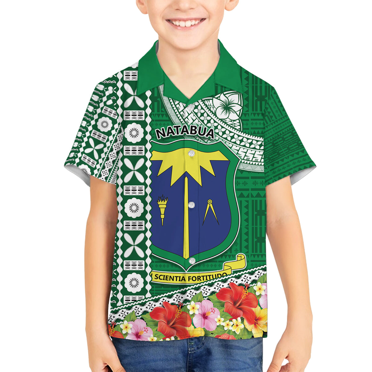 Fiji Natabua High School Family Matching Off Shoulder Short Dress and Hawaiian Shirt Tropical Flower and Tapa Pattern Green Style LT03 Son's Shirt Green - Polynesian Pride