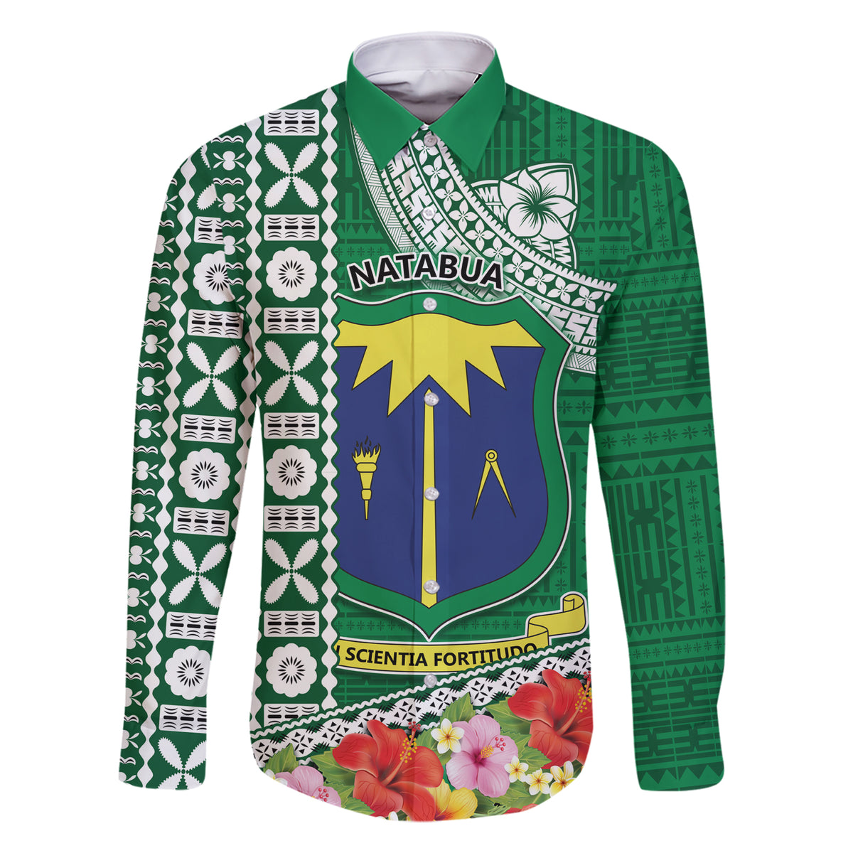 Fiji Natabua High School Family Matching Short Sleeve Bodycon Dress and Hawaiian Shirt Tropical Flower and Tapa Pattern Green Style LT03 Dad's Shirt - Long Sleeve Green - Polynesian Pride