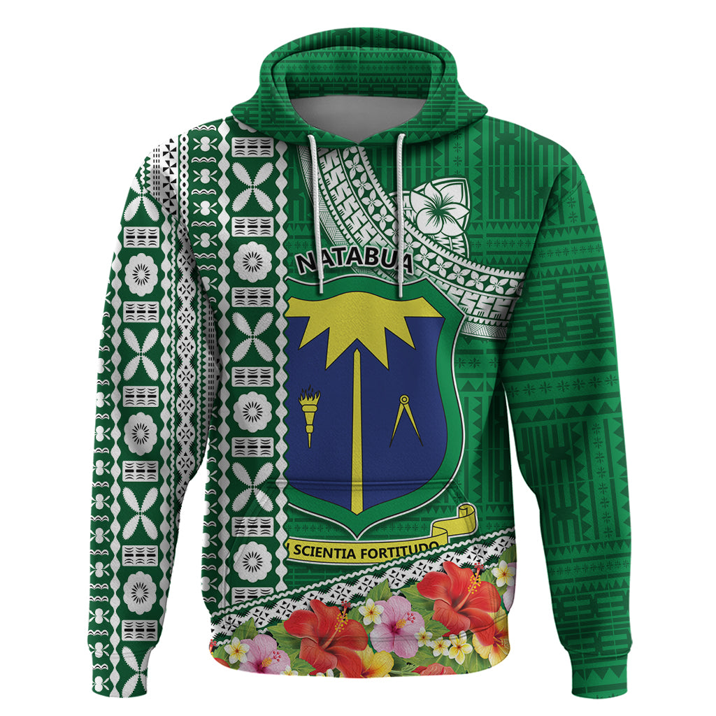 Fiji Natabua High School Hoodie Tropical Flower and Tapa Pattern Green Style LT03 Pullover Hoodie Green - Polynesian Pride