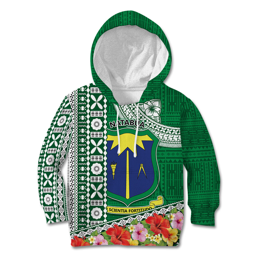 Fiji Natabua High School Kid Hoodie Tropical Flower and Tapa Pattern Green Style LT03 Hoodie Green - Polynesian Pride