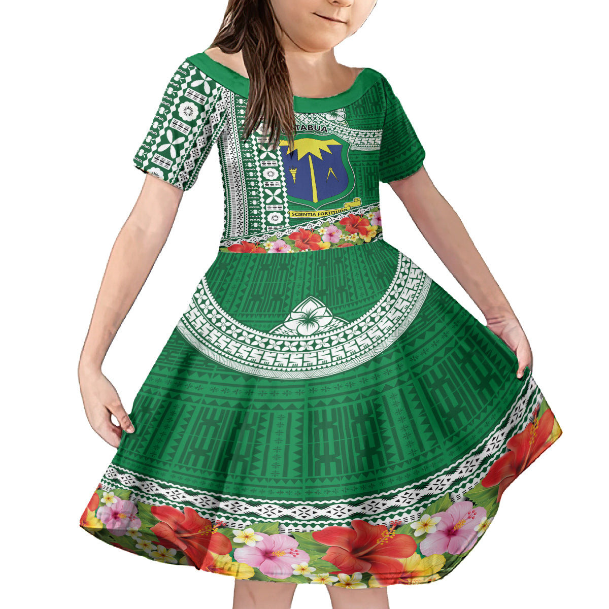 Fiji Natabua High School Kid Short Sleeve Dress Tropical Flower and Tapa Pattern Green Style LT03 KID Green - Polynesian Pride