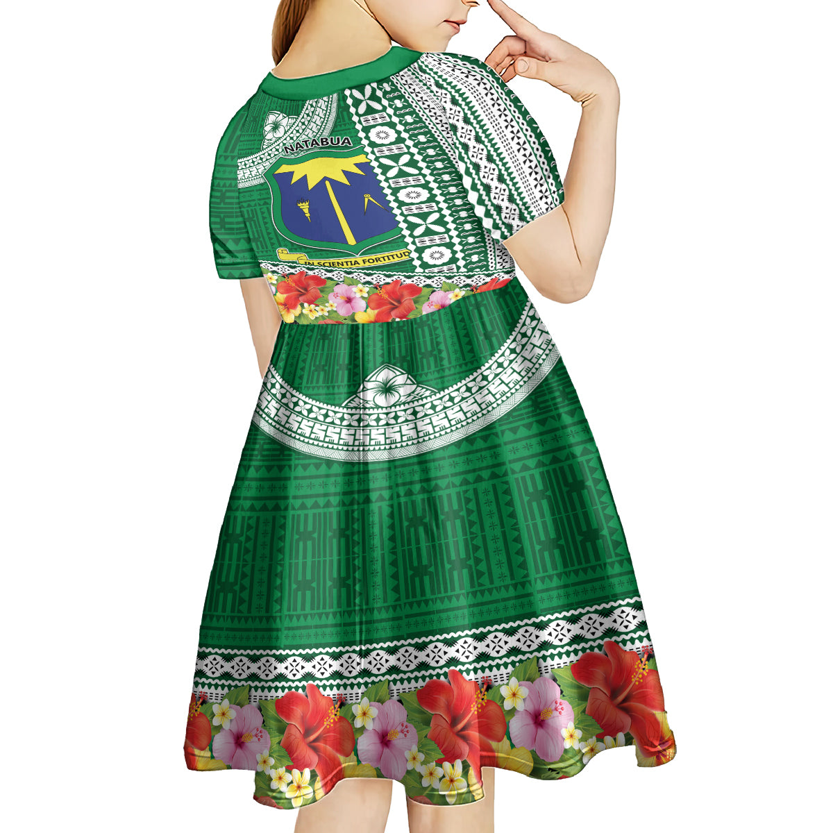 Fiji Natabua High School Kid Short Sleeve Dress Tropical Flower and Tapa Pattern Green Style LT03 - Polynesian Pride