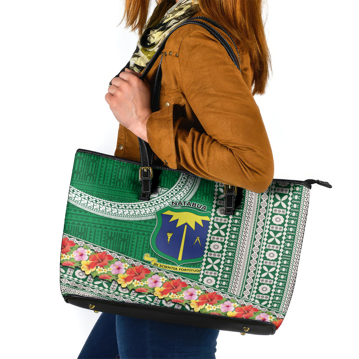 Fiji Natabua High School Leather Tote Bag Tropical Flower and Tapa Pattern Green Style LT03 Green - Polynesian Pride