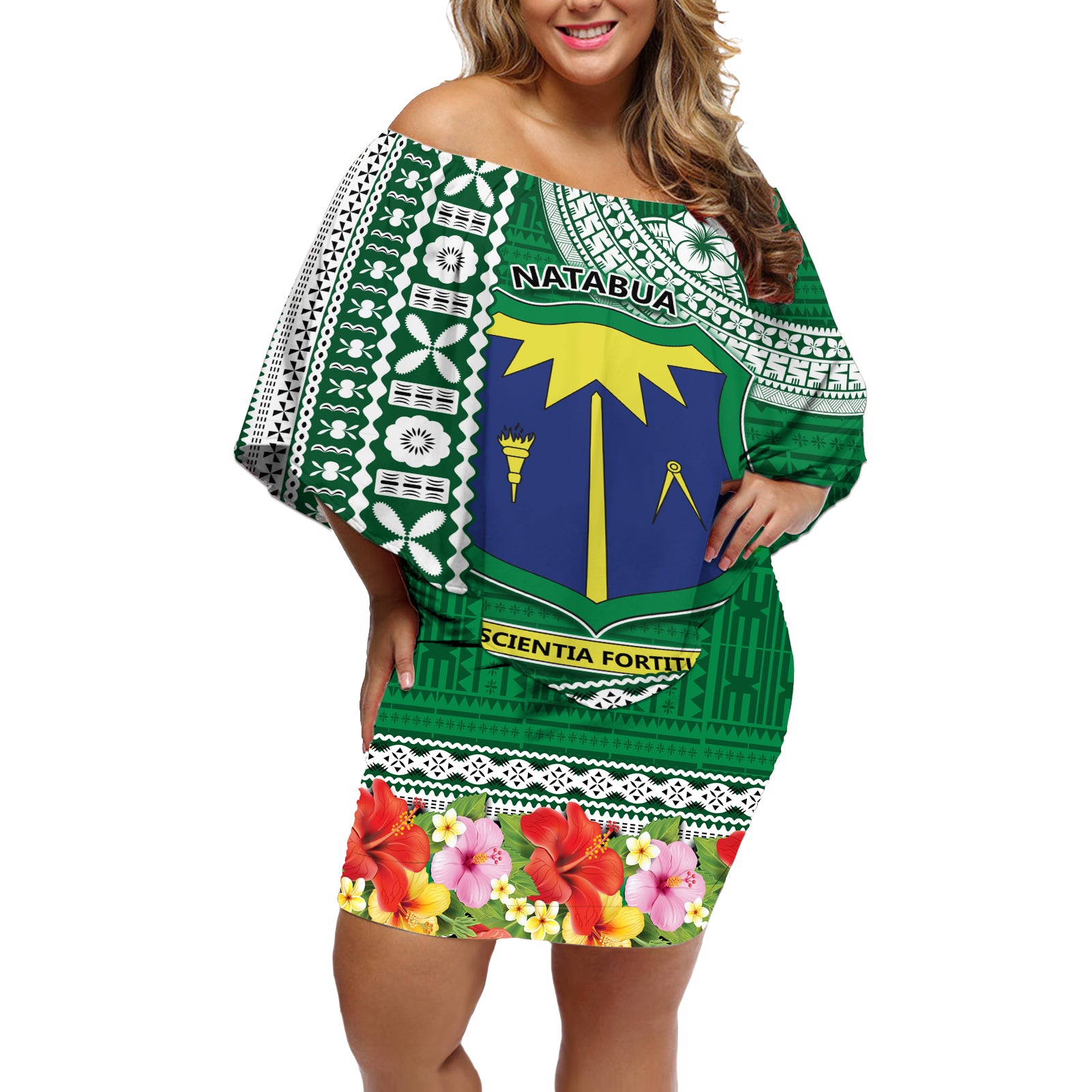 Fiji Natabua High School Off Shoulder Short Dress Tropical Flower and Tapa Pattern Green Style LT03 Women Green - Polynesian Pride