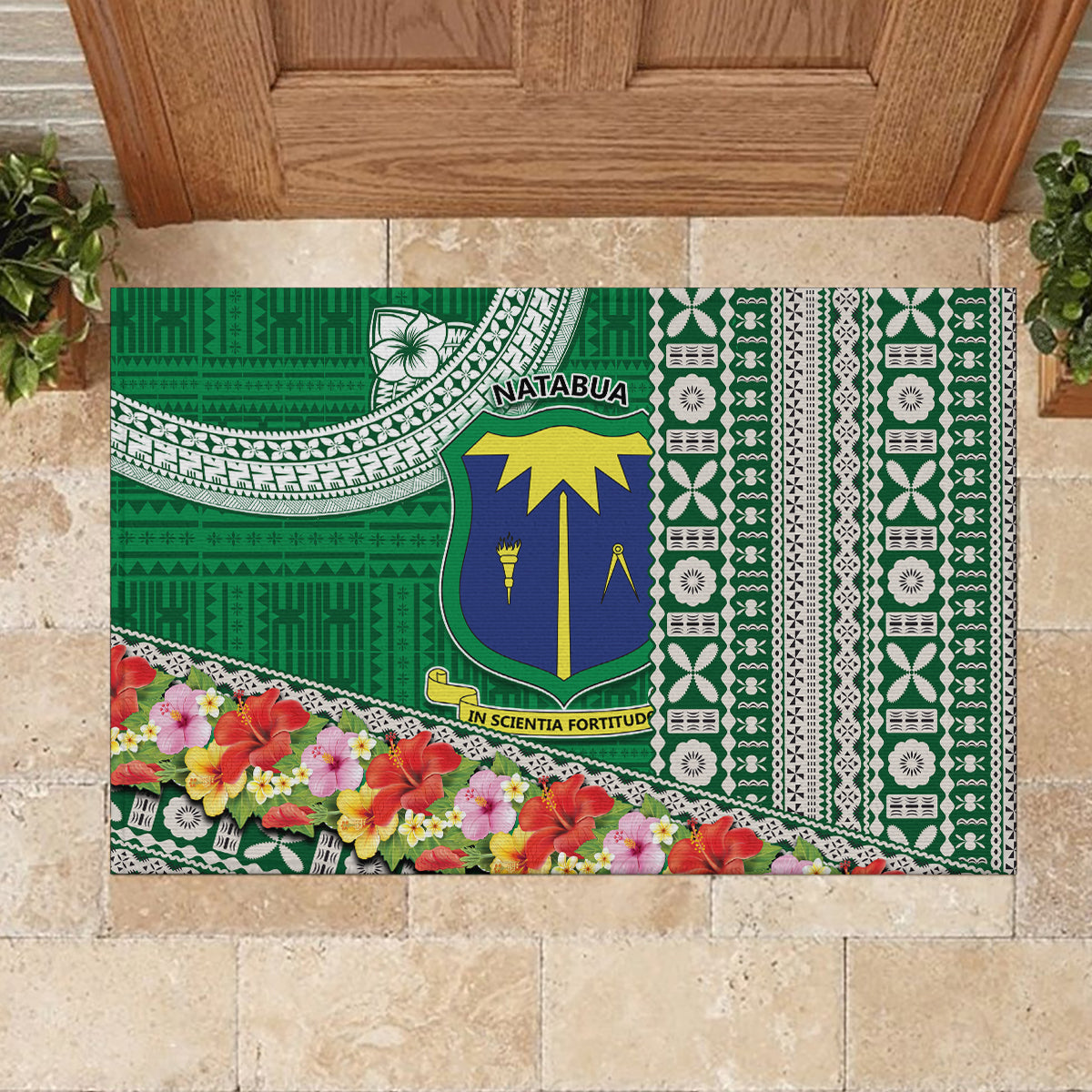 Fiji Natabua High School Rubber Doormat Tropical Flower and Tapa Pattern Green Style LT03 - Polynesian Pride