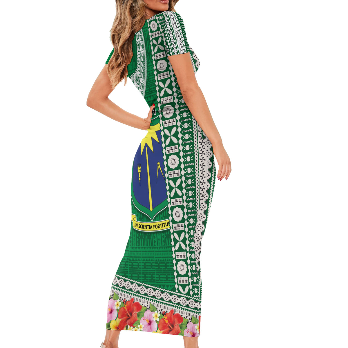 Fiji Natabua High School Short Sleeve Bodycon Dress Tropical Flower and Tapa Pattern Green Style LT03 - Polynesian Pride