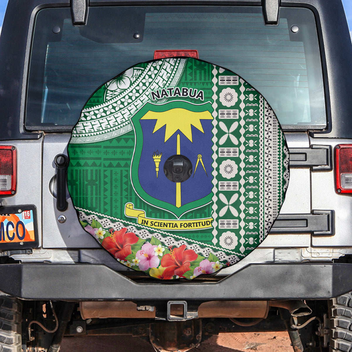 Fiji Natabua High School Spare Tire Cover Tropical Flower and Tapa Pattern Green Style LT03 - Polynesian Pride