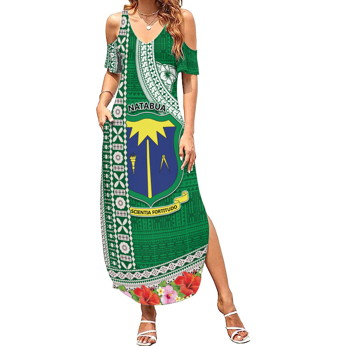 Fiji Natabua High School Summer Maxi Dress Tropical Flower and Tapa Pattern Green Style LT03 Women Green - Polynesian Pride