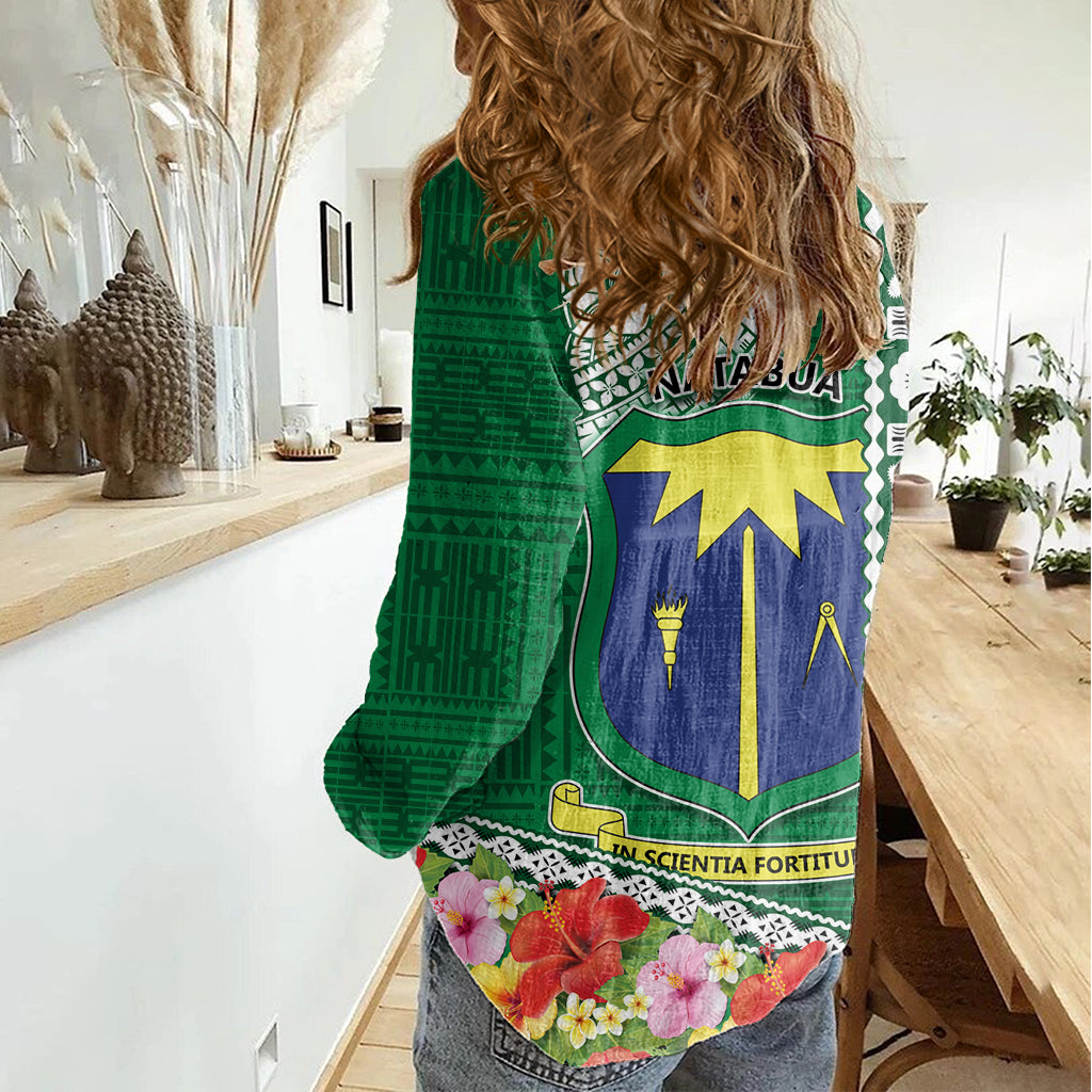 Fiji Natabua High School Women Casual Shirt Tropical Flower and Tapa Pattern Green Style LT03 - Polynesian Pride