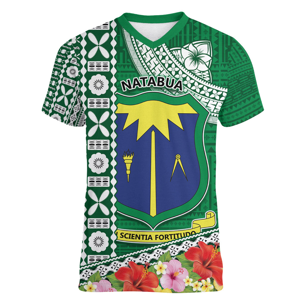 Fiji Natabua High School Women V Neck T Shirt Tropical Flower and Tapa Pattern Green Style LT03 Female Green - Polynesian Pride