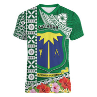 Fiji Natabua High School Women V Neck T Shirt Tropical Flower and Tapa Pattern Green Style LT03 Female Green - Polynesian Pride
