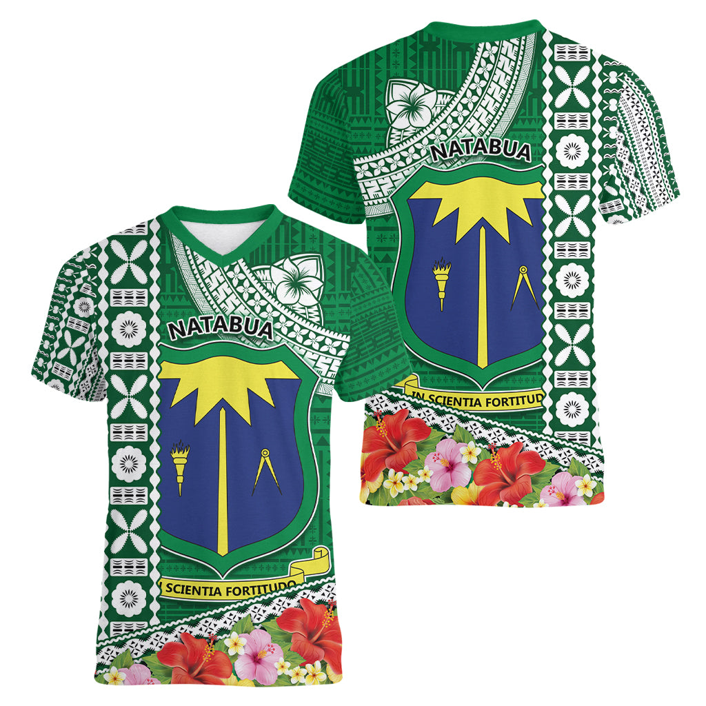 Fiji Natabua High School Women V Neck T Shirt Tropical Flower and Tapa Pattern Green Style LT03 - Polynesian Pride