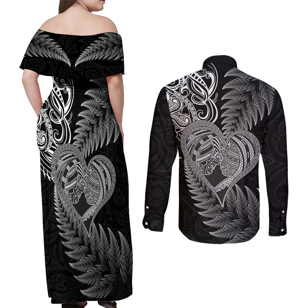 New Zealand Valentine Day Couples Matching Off Shoulder Maxi Dress and Long Sleeve Button Shirt Aotearoa Warrior and Woman Love Heart Silver Fern Koru LT03 - Polynesian Pride