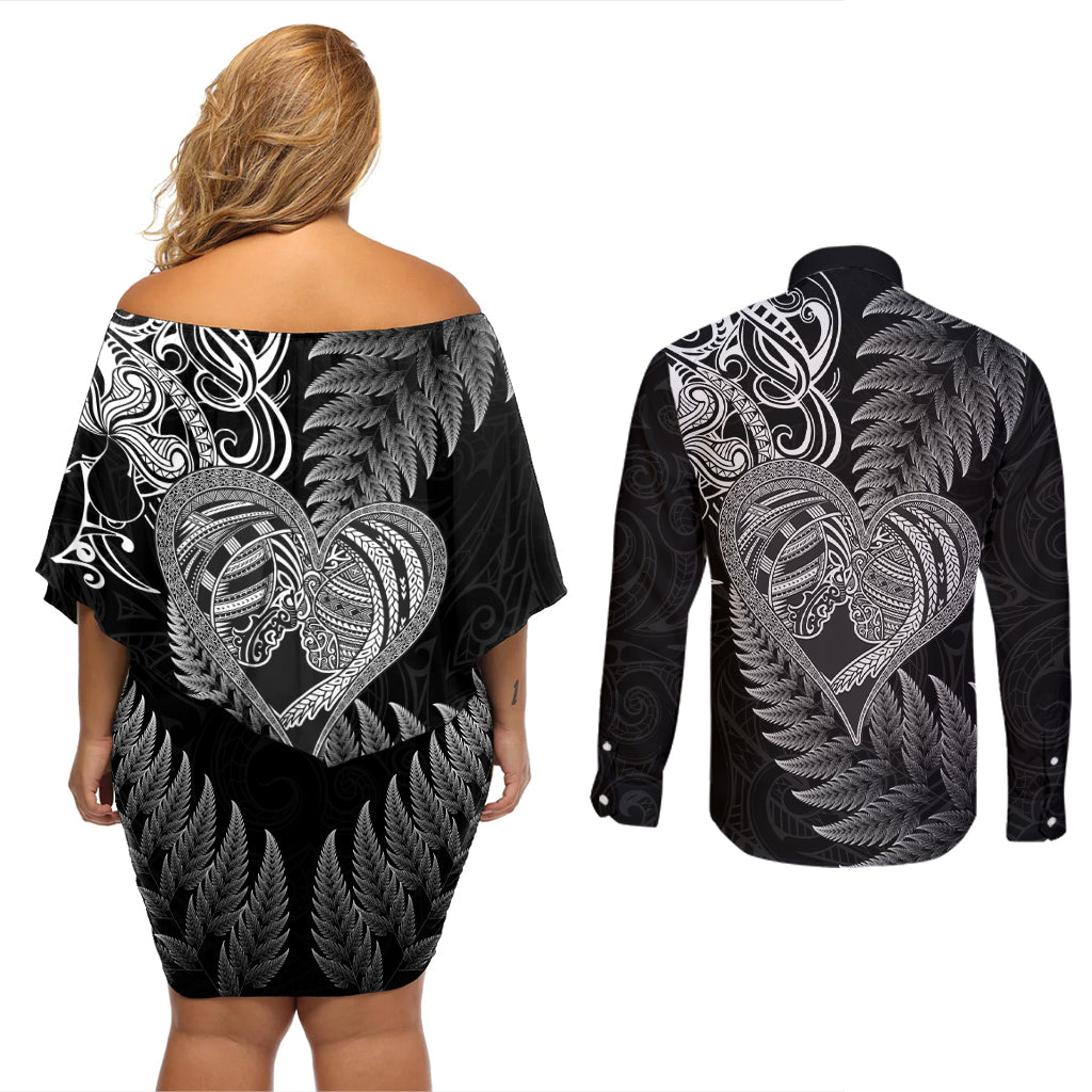 New Zealand Valentine Day Couples Matching Off Shoulder Short Dress and Long Sleeve Button Shirt Aotearoa Warrior and Woman Love Heart Silver Fern Koru LT03 - Polynesian Pride