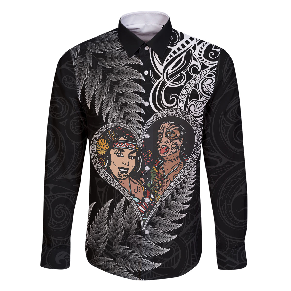 New Zealand Valentine Day Family Matching Summer Maxi Dress and Hawaiian Shirt Aotearoa Warrior and Woman Love Heart Silver Fern Koru LT03 Dad's Shirt - Long Sleeve Black - Polynesian Pride