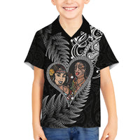 New Zealand Valentine Day Family Matching Tank Maxi Dress and Hawaiian Shirt Aotearoa Warrior and Woman Love Heart Silver Fern Koru LT03 Son's Shirt Black - Polynesian Pride
