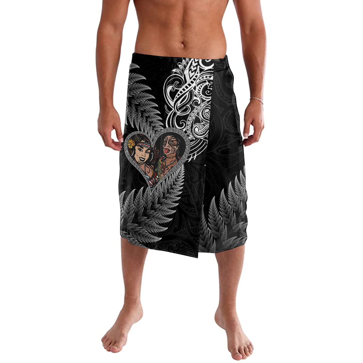 New Zealand Valentine Day Lavalava Aotearoa Warrior and Woman Love Heart Silver Fern Koru LT03 Black - Polynesian Pride