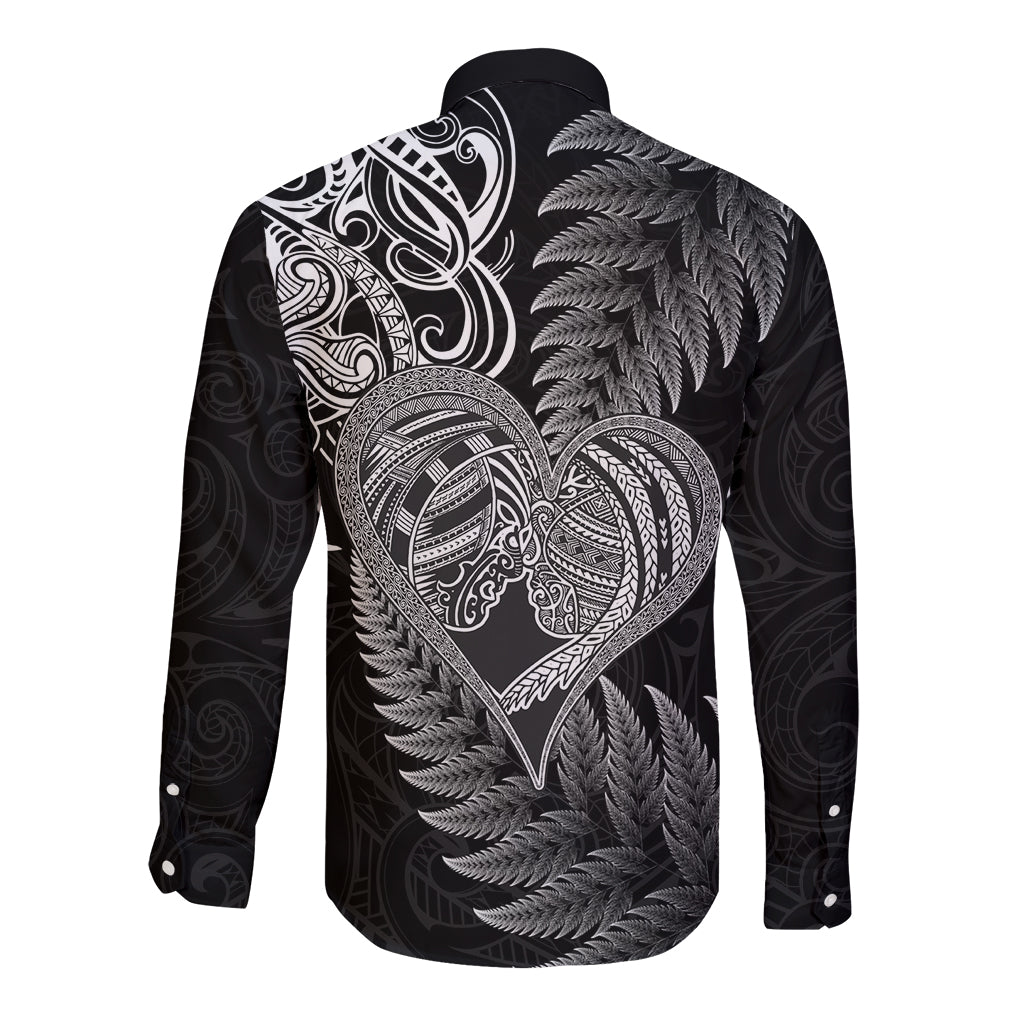 New Zealand Valentine Day Long Sleeve Button Shirt Aotearoa Warrior and Woman Love Heart Silver Fern Koru LT03 - Polynesian Pride