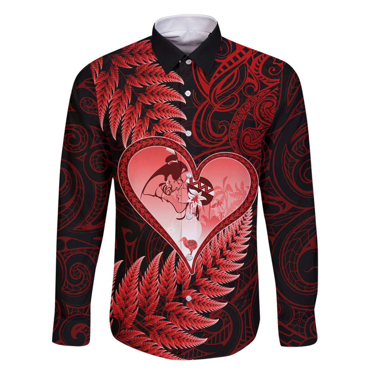New Zealand Valentine Day Family Matching Mermaid Dress and Hawaiian Shirt Aotearoa Warrior and Woman Love Story Silver Fern Koru Red Style LT03 Dad's Shirt - Long Sleeve Red - Polynesian Pride