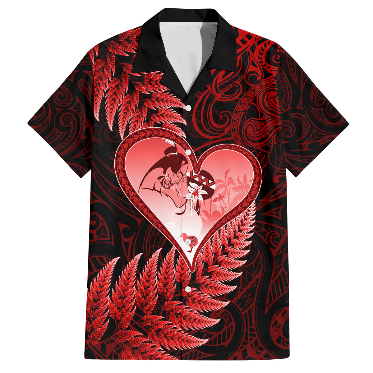 New Zealand Valentine Day Family Matching Off Shoulder Maxi Dress and Hawaiian Shirt Aotearoa Warrior and Woman Love Story Silver Fern Koru Red Style LT03 Dad's Shirt - Short Sleeve Red - Polynesian Pride