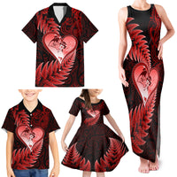 New Zealand Valentine Day Family Matching Tank Maxi Dress and Hawaiian Shirt Aotearoa Warrior and Woman Love Story Silver Fern Koru Red Style LT03 - Polynesian Pride
